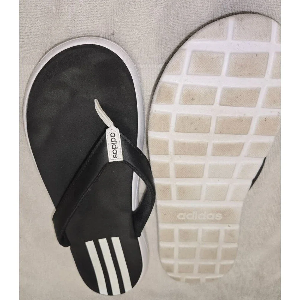 Adidas Comfort Flip Flops Womens Black White Slip On Thong Sandals Sz 10